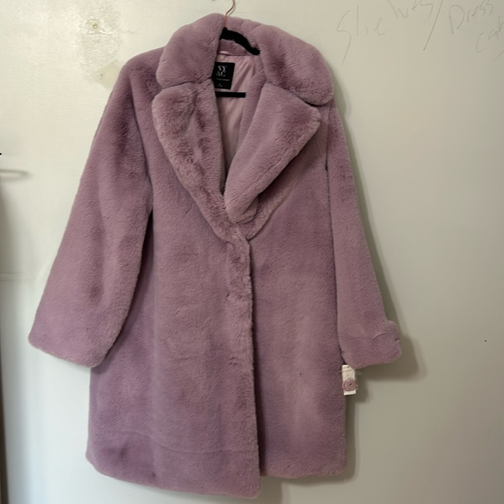 New York And Company purple Faux Fur Ultra Soft Mid length Coat Size L/XL - NEW - Picture 2 of 6